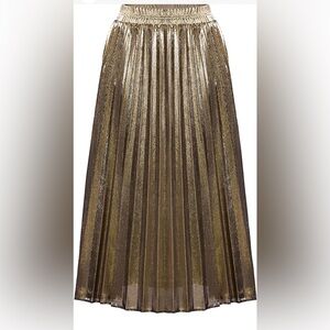 Women's Premium Metallic Shiny Shimmer Accordion Pleated Midi Skirt Small